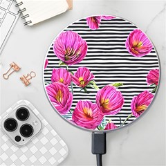 Pink Flowers Black Stripes Wireless Fast Charger(white) by GardenOfOphir