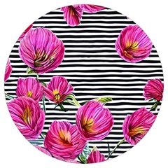 Pink Flowers Black Stripes Round Trivet by GardenOfOphir