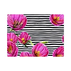 Pink Flowers Black Stripes One Side Premium Plush Fleece Blanket (mini) by GardenOfOphir