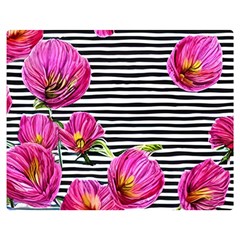 Pink Flowers Black Stripes One Side Premium Plush Fleece Blanket (medium)