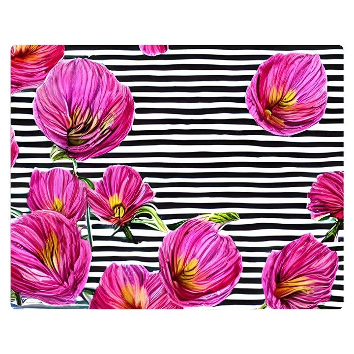 Pink Flowers Black Stripes One Side Premium Plush Fleece Blanket (Medium)