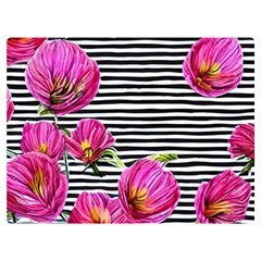 Pink Flowers Black Stripes One Side Premium Plush Fleece Blanket (extra Small) by GardenOfOphir