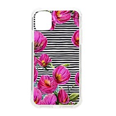 Pink Flowers Black Stripes Iphone 11 Tpu Uv Print Case by GardenOfOphir