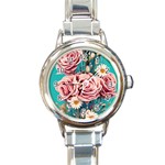 Coral Blush Rose on Teal Round Italian Charm Watch Front