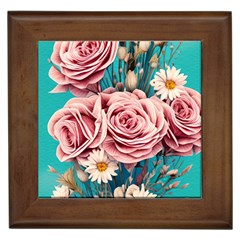 Coral Blush Rose On Teal Framed Tile by GardenOfOphir