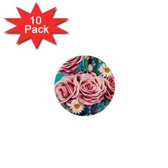 Coral Blush Rose On Teal 1  Mini Buttons (10 Pack)  by GardenOfOphir