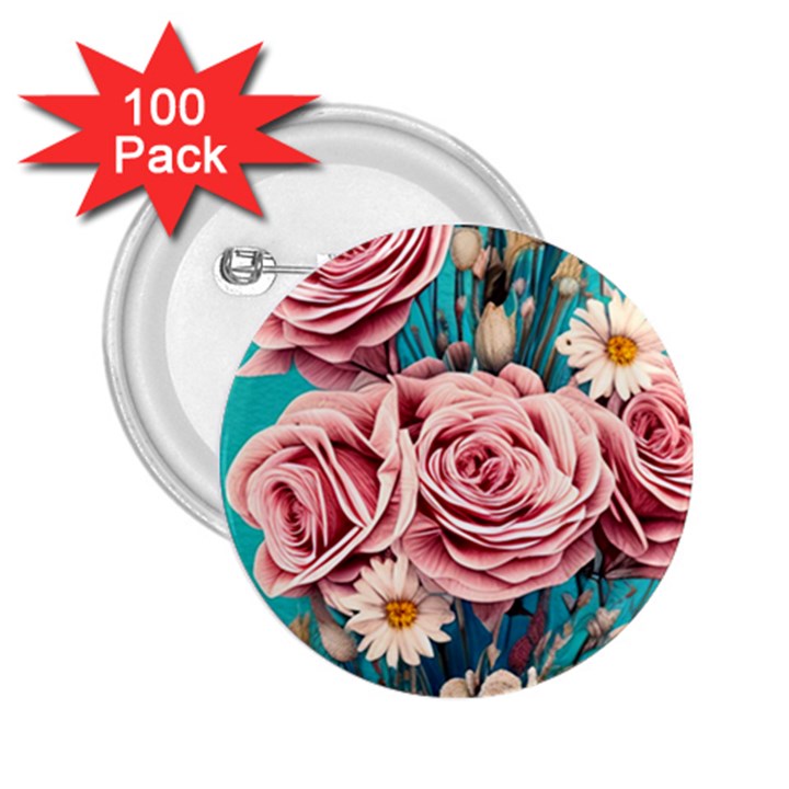 Coral Blush Rose on Teal 2.25  Buttons (100 pack) 