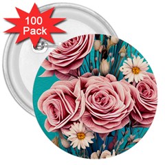 Coral Blush Rose On Teal 3  Buttons (100 Pack)  by GardenOfOphir