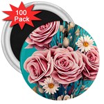 Coral Blush Rose on Teal 3  Magnets (100 pack) Front