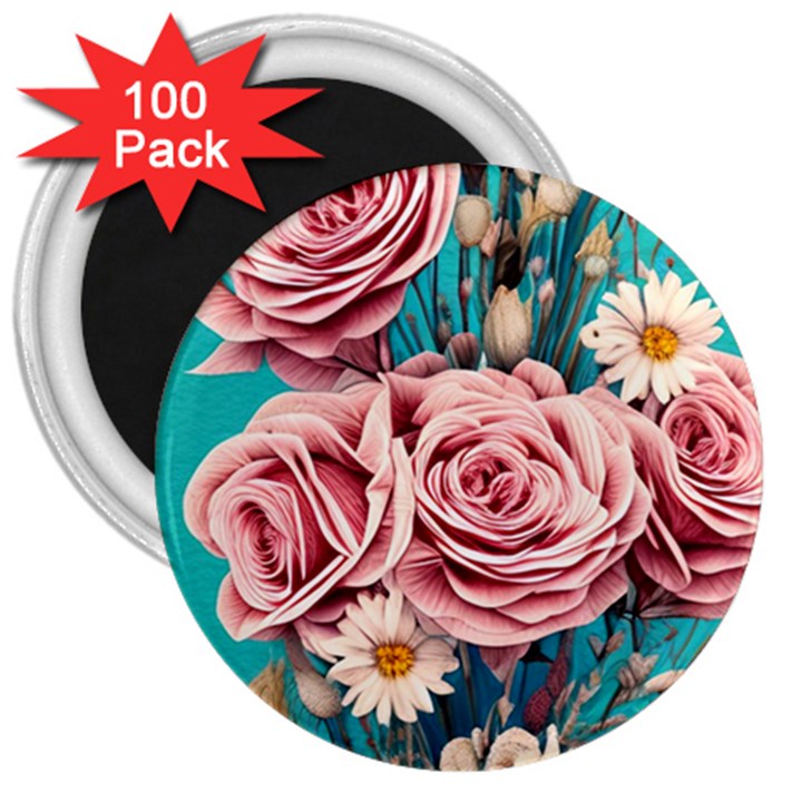 Coral Blush Rose on Teal 3  Magnets (100 pack)