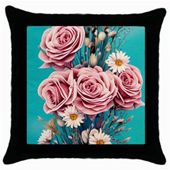 Coral Blush Rose On Teal Throw Pillow Case (black) by GardenOfOphir