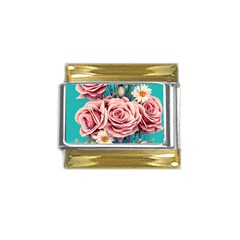 Coral Blush Rose On Teal Gold Trim Italian Charm (9mm) by GardenOfOphir