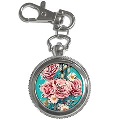 Coral Blush Rose On Teal Key Chain Watches by GardenOfOphir