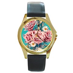 Coral Blush Rose On Teal Round Gold Metal Watch by GardenOfOphir