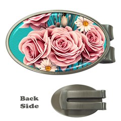 Coral Blush Rose On Teal Money Clips (oval)  by GardenOfOphir