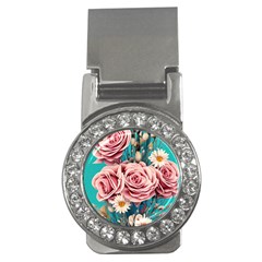 Coral Blush Rose On Teal Money Clips (cz)  by GardenOfOphir