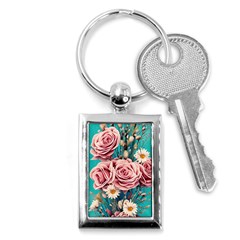 Coral Blush Rose On Teal Key Chain (rectangle) by GardenOfOphir