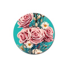 Coral Blush Rose On Teal Magnet 3  (round) by GardenOfOphir