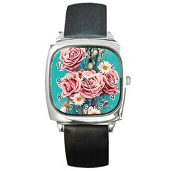 Coral Blush Rose On Teal Square Metal Watch by GardenOfOphir