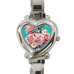 Coral Blush Rose On Teal Heart Italian Charm Watch by GardenOfOphir