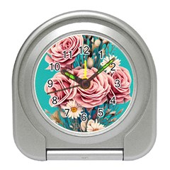 Coral Blush Rose On Teal Travel Alarm Clock by GardenOfOphir