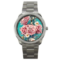 Coral Blush Rose On Teal Sport Metal Watch by GardenOfOphir