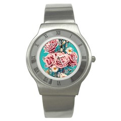 Coral Blush Rose On Teal Stainless Steel Watch by GardenOfOphir