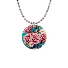 Coral Blush Rose On Teal 1  Button Necklace by GardenOfOphir