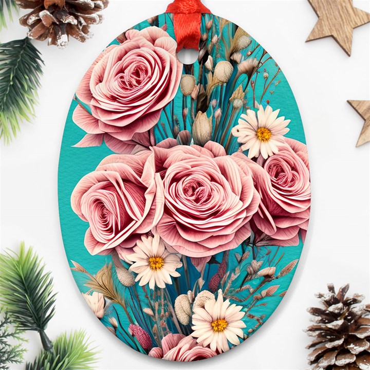 Coral Blush Rose on Teal Oval Ornament (Two Sides)