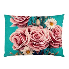 Coral Blush Rose On Teal Pillow Case by GardenOfOphir