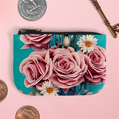 Coral Blush Rose On Teal Mini Coin Purse by GardenOfOphir