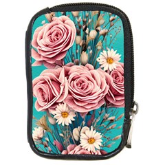 Coral Blush Rose On Teal Compact Camera Leather Case by GardenOfOphir