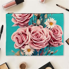 Coral Blush Rose On Teal Cosmetic Bag (xl) by GardenOfOphir