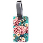 Coral Blush Rose on Teal Luggage Tag (two sides) Front