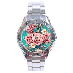 Coral Blush Rose On Teal Stainless Steel Analogue Watch by GardenOfOphir