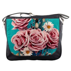 Coral Blush Rose On Teal Messenger Bag by GardenOfOphir