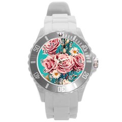 Coral Blush Rose On Teal Round Plastic Sport Watch (l) by GardenOfOphir