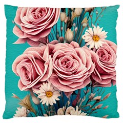 Coral Blush Rose On Teal Large Cushion Case (one Side) by GardenOfOphir