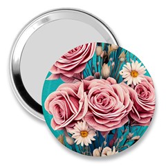 Coral Blush Rose On Teal 3  Handbag Mirrors by GardenOfOphir