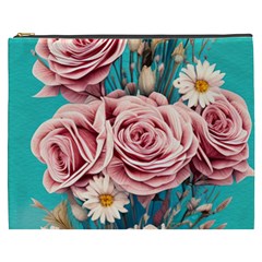 Coral Blush Rose On Teal Cosmetic Bag (xxxl) by GardenOfOphir