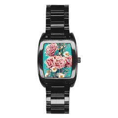 Coral Blush Rose On Teal Stainless Steel Barrel Watch by GardenOfOphir