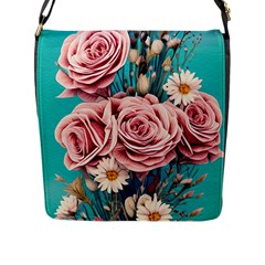 Coral Blush Rose On Teal Flap Closure Messenger Bag (l) by GardenOfOphir