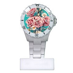 Coral Blush Rose On Teal Plastic Nurses Watch by GardenOfOphir