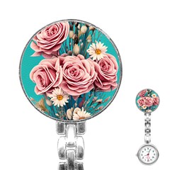 Coral Blush Rose On Teal Stainless Steel Nurses Watch by GardenOfOphir