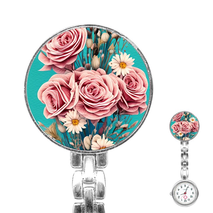 Coral Blush Rose on Teal Stainless Steel Nurses Watch