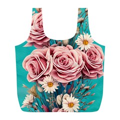 Coral Blush Rose On Teal Full Print Recycle Bag (l) by GardenOfOphir