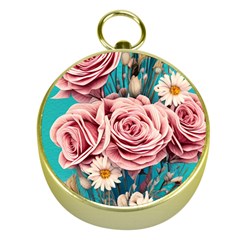 Coral Blush Rose On Teal Gold Compasses by GardenOfOphir