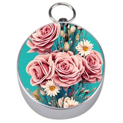 Coral Blush Rose On Teal Silver Compasses by GardenOfOphir