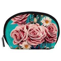 Coral Blush Rose On Teal Accessory Pouch (large)