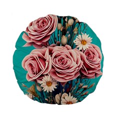 Coral Blush Rose On Teal Standard 15  Premium Flano Round Cushions by GardenOfOphir